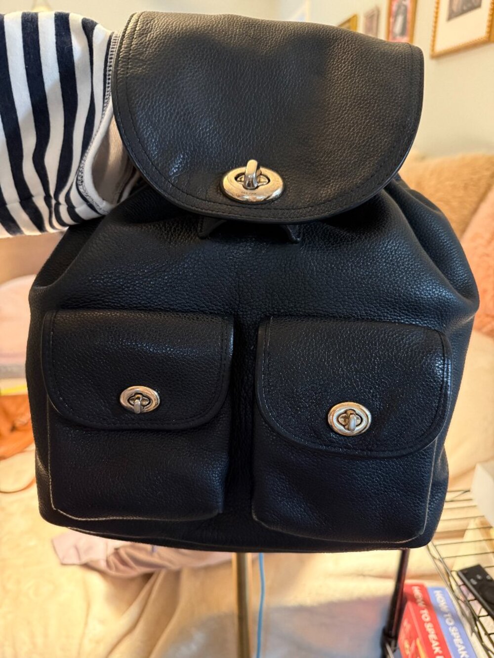 Coach Turnlock Rucksack 37582 Black Pebbled Leather Backpack